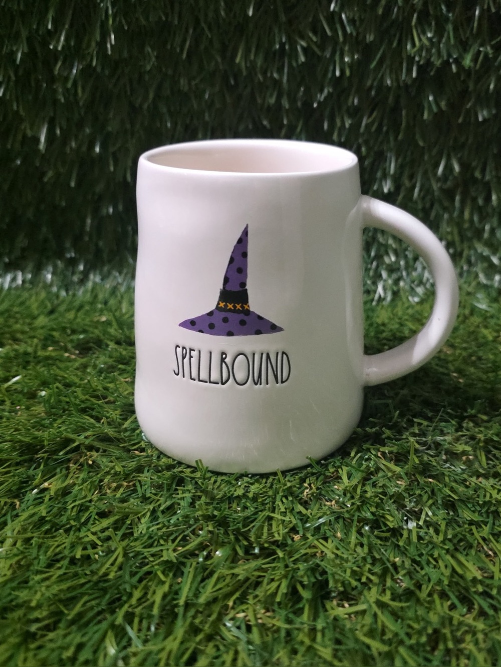 Rae Dunn White Ceramic Mug with Purple Polka Dot Witch Hat